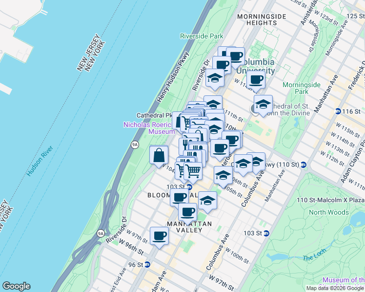 map of restaurants, bars, coffee shops, grocery stores, and more near 307 West 105th Street in New York