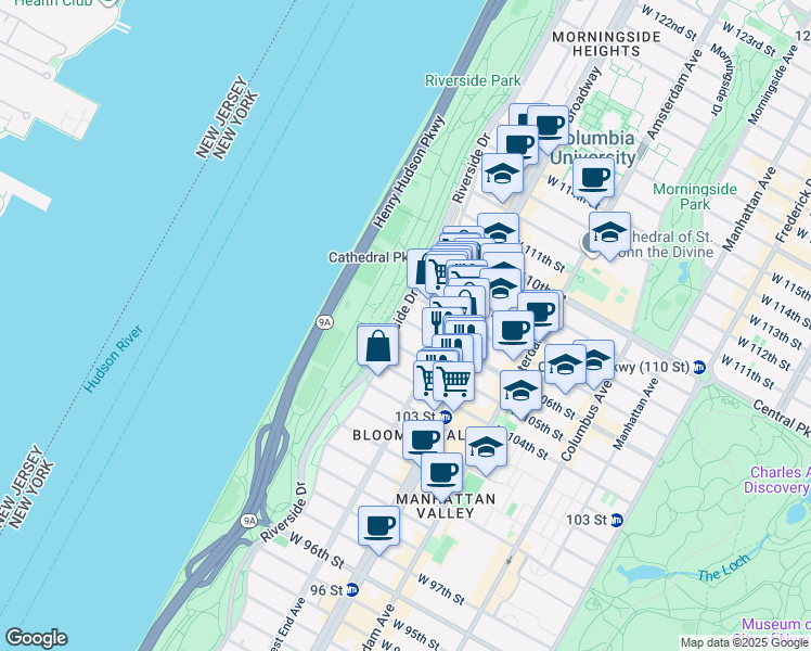 map of restaurants, bars, coffee shops, grocery stores, and more near 307 West 105th Street in New York