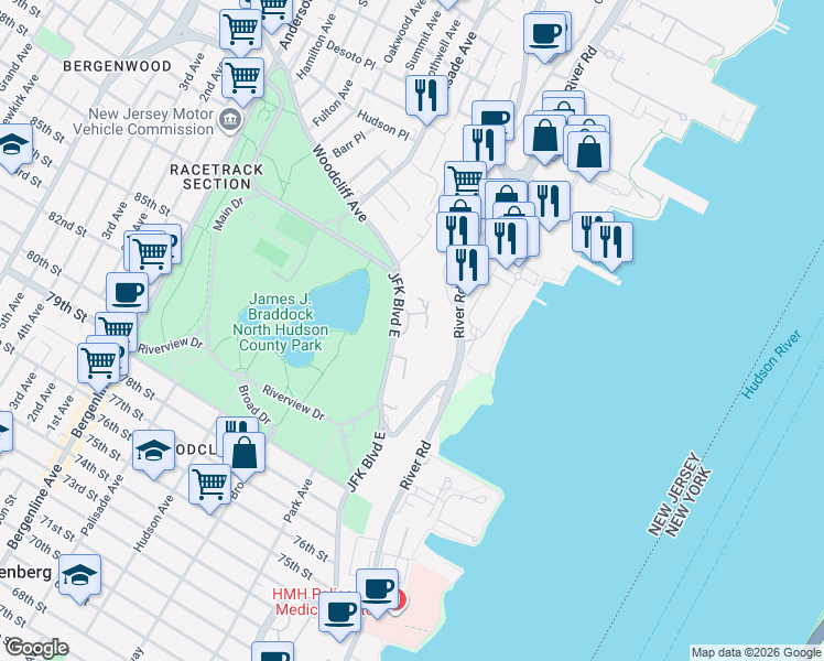 map of restaurants, bars, coffee shops, grocery stores, and more near 64 Bergen Ridge Road in North Bergen