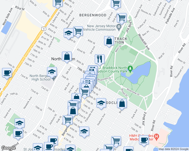 map of restaurants, bars, coffee shops, grocery stores, and more near in North Bergen