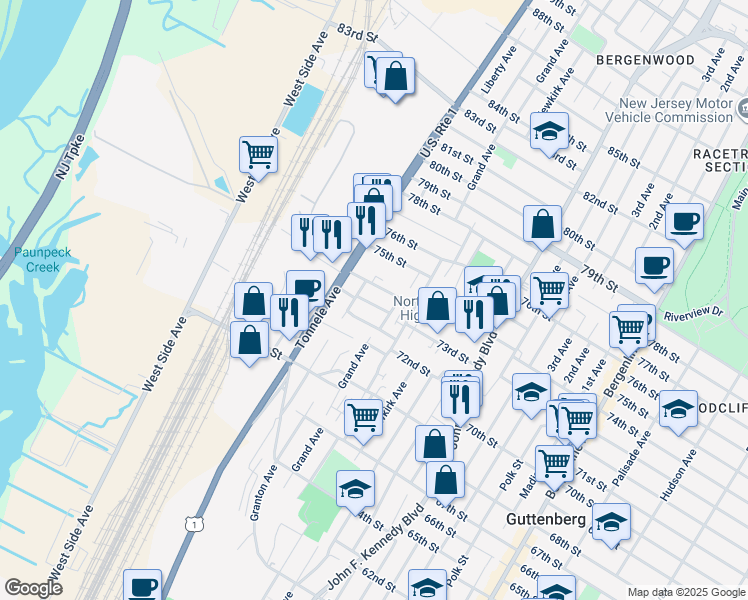map of restaurants, bars, coffee shops, grocery stores, and more near 1518 72nd Street in North Bergen
