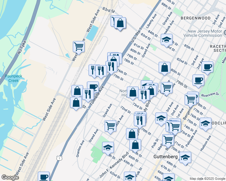 map of restaurants, bars, coffee shops, grocery stores, and more near 1518 72nd Street in North Bergen