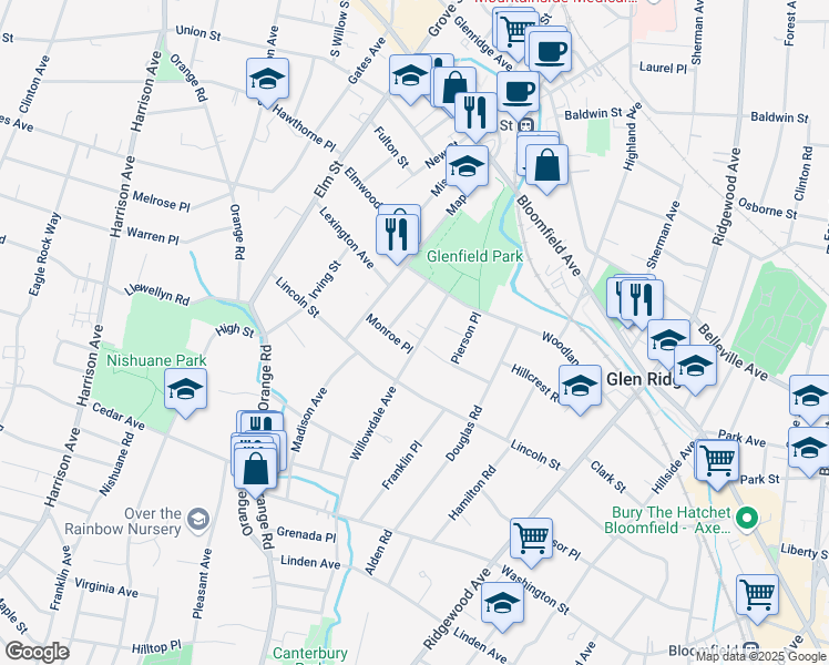 map of restaurants, bars, coffee shops, grocery stores, and more near 34 Marston Place in Montclair