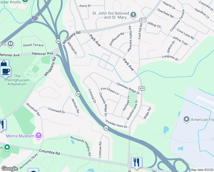 map of restaurants, bars, coffee shops, grocery stores, and more near 12 Fox Chase Lane in Morristown
