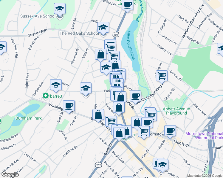 map of restaurants, bars, coffee shops, grocery stores, and more near 4 Early Street in Morristown
