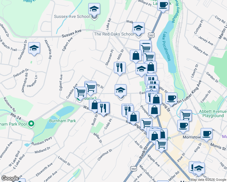 map of restaurants, bars, coffee shops, grocery stores, and more near 45-73 Early Street in Morristown