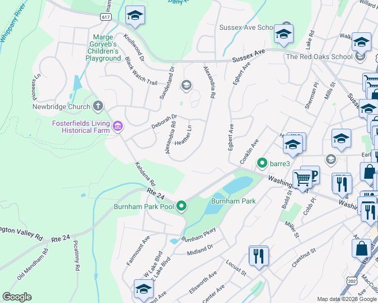 map of restaurants, bars, coffee shops, grocery stores, and more near 46 Alexandria Road in Morristown