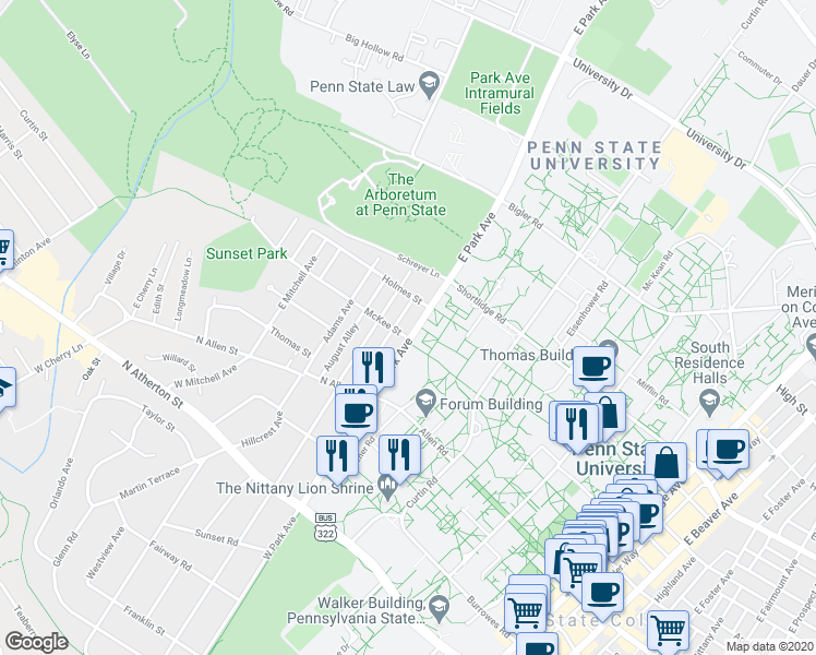 map of restaurants, bars, coffee shops, grocery stores, and more near 228 East Park Avenue in State College