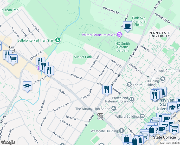 map of restaurants, bars, coffee shops, grocery stores, and more near in State College