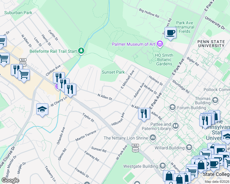 map of restaurants, bars, coffee shops, grocery stores, and more near in State College