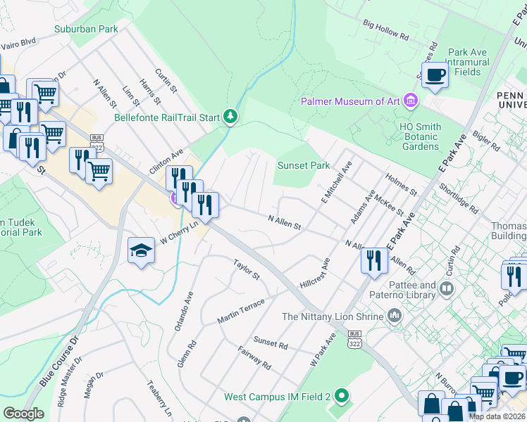 map of restaurants, bars, coffee shops, grocery stores, and more near 864 Allen Street in State College