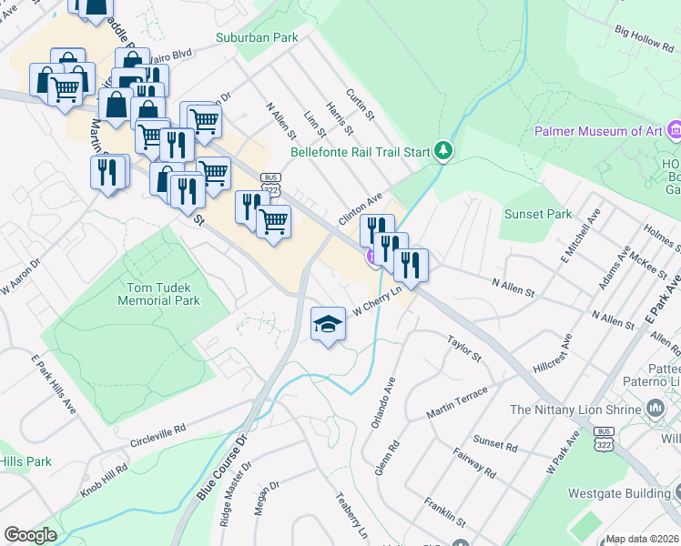 map of restaurants, bars, coffee shops, grocery stores, and more near 23 Martin Street in State College