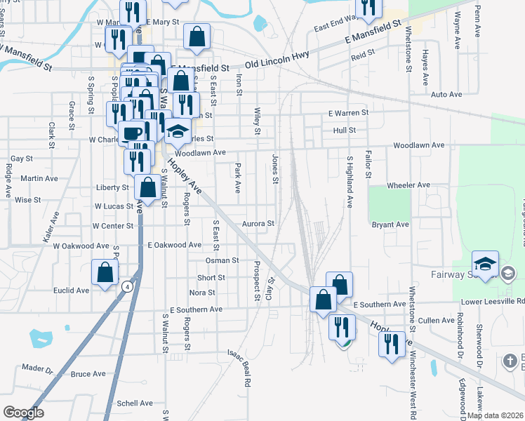 map of restaurants, bars, coffee shops, grocery stores, and more near 702 Prospect Street in Bucyrus