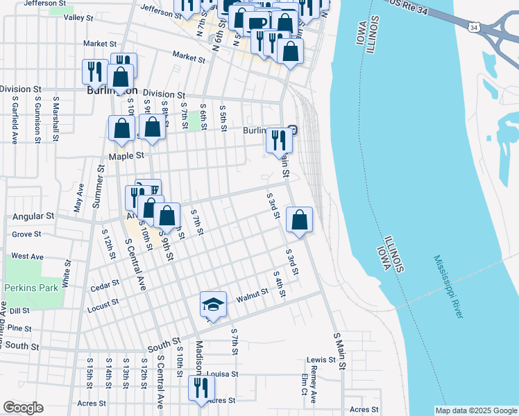 map of restaurants, bars, coffee shops, grocery stores, and more near 707 South 4th Street in Burlington