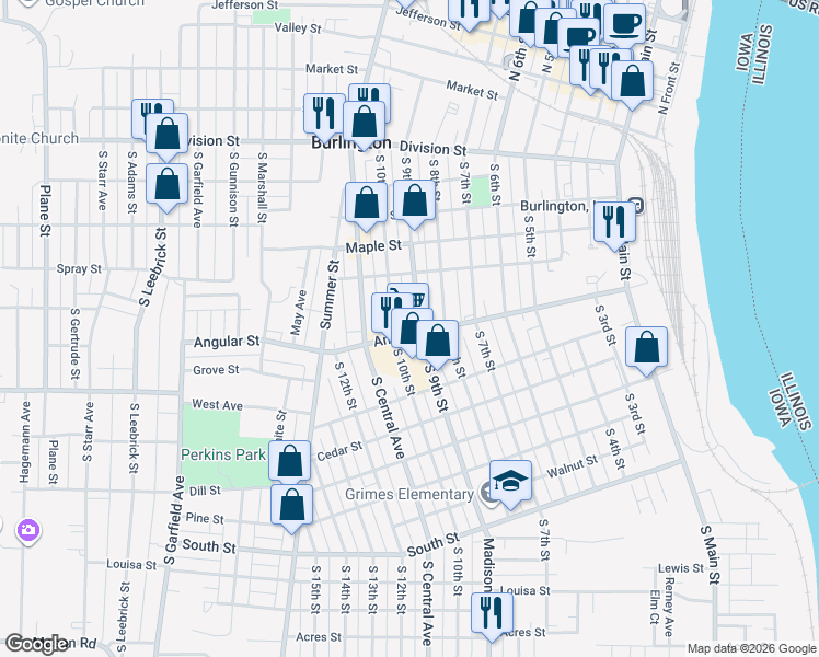 map of restaurants, bars, coffee shops, grocery stores, and more near 600 S 9th St in Burlington