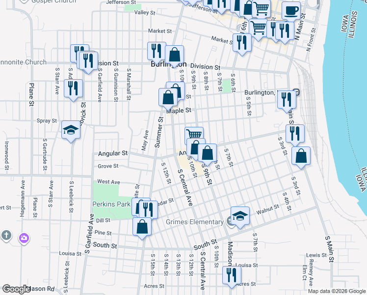 map of restaurants, bars, coffee shops, grocery stores, and more near 605 South 10th Street in Burlington