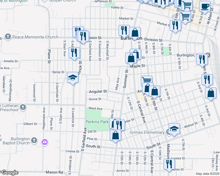 map of restaurants, bars, coffee shops, grocery stores, and more near 1239 Angular Street in Burlington