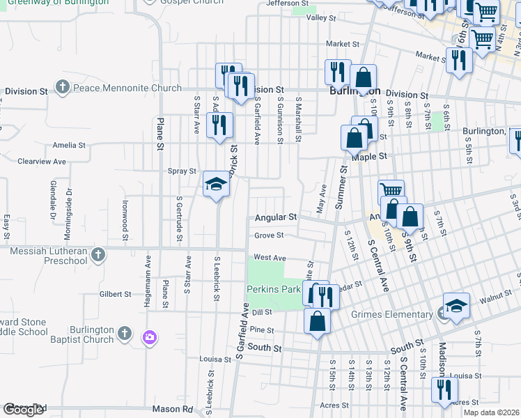 map of restaurants, bars, coffee shops, grocery stores, and more near 1339 Angular Street in Burlington