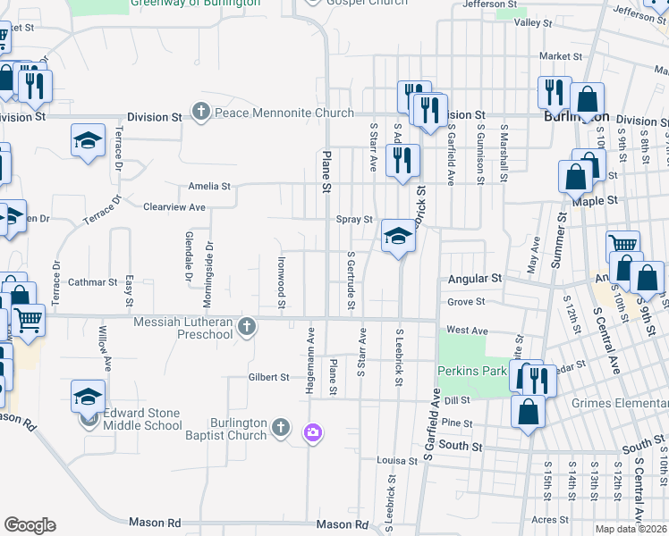 map of restaurants, bars, coffee shops, grocery stores, and more near 801 South Plane Street in Burlington