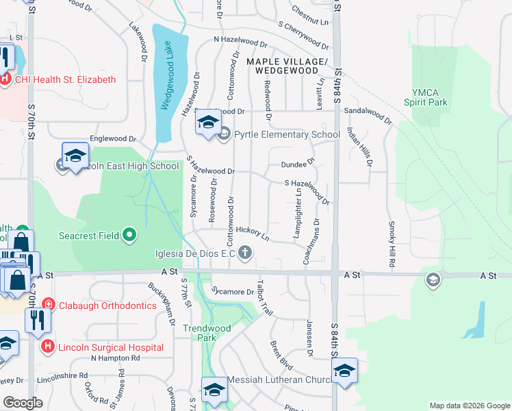 map of restaurants, bars, coffee shops, grocery stores, and more near 1111 Cobblestone Drive in Lincoln