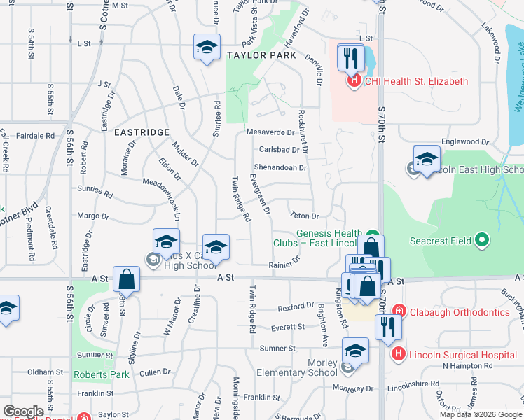 map of restaurants, bars, coffee shops, grocery stores, and more near 1212 Twin Ridge Road in Lincoln