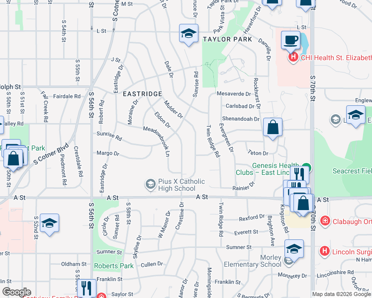 map of restaurants, bars, coffee shops, grocery stores, and more near 1200 Eldon Drive in Lincoln