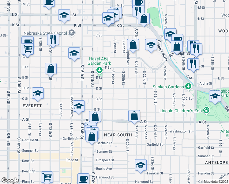 map of restaurants, bars, coffee shops, grocery stores, and more near 1930 C Street in Lincoln