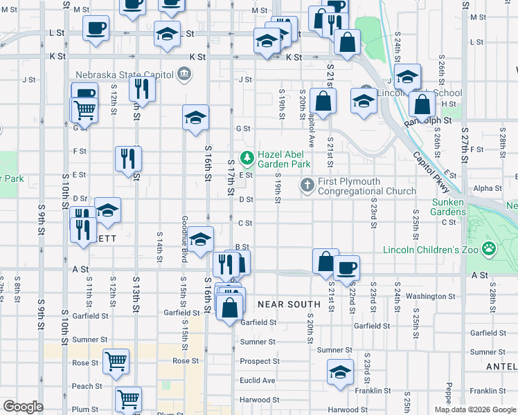 map of restaurants, bars, coffee shops, grocery stores, and more near 1824 C Street in Lincoln