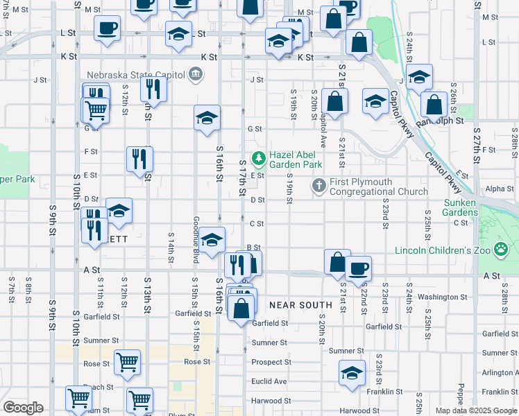 map of restaurants, bars, coffee shops, grocery stores, and more near 1728 C Street in Lincoln