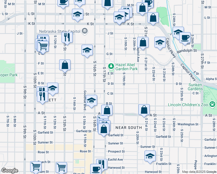 map of restaurants, bars, coffee shops, grocery stores, and more near 1728 C Street in Lincoln