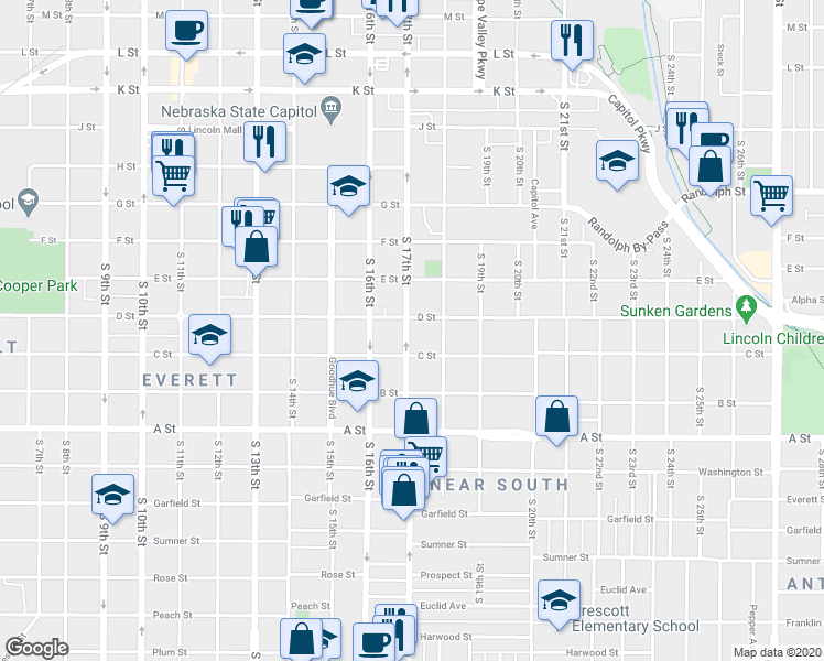 map of restaurants, bars, coffee shops, grocery stores, and more near 1728 C Street in Lincoln