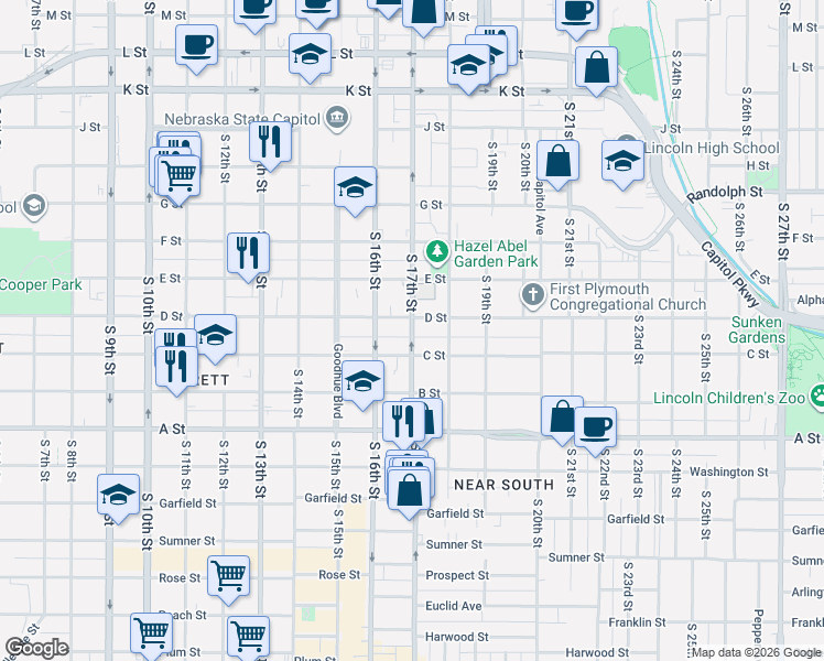 map of restaurants, bars, coffee shops, grocery stores, and more near 1620 C Street in Lincoln