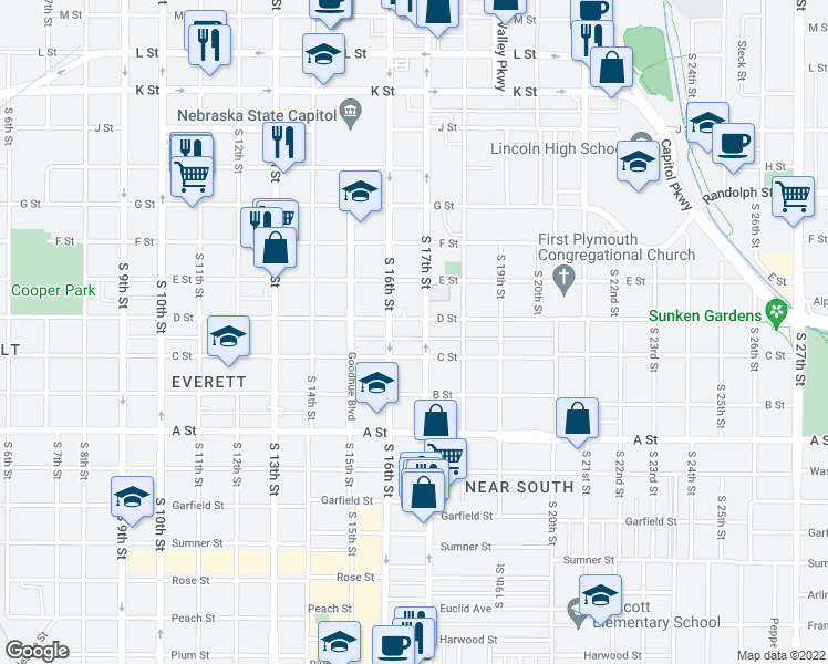 map of restaurants, bars, coffee shops, grocery stores, and more near 1620 C Street in Lincoln