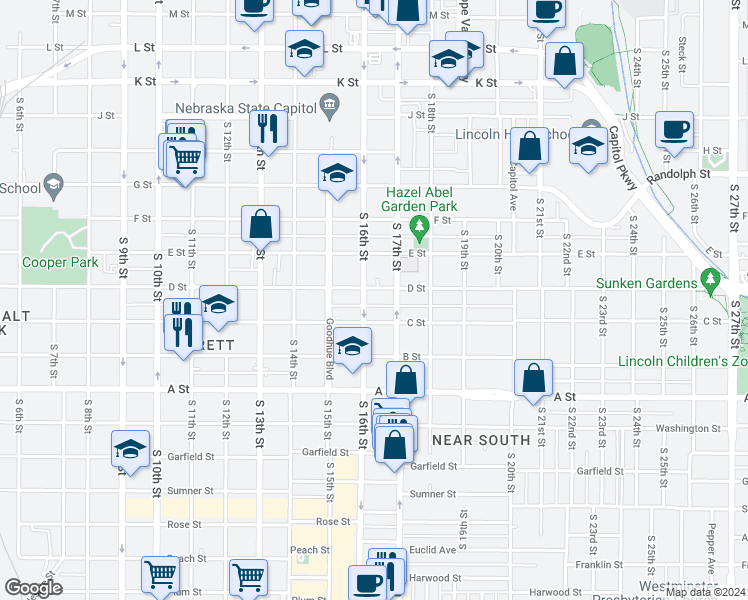 map of restaurants, bars, coffee shops, grocery stores, and more near 1620 C Street in Lincoln