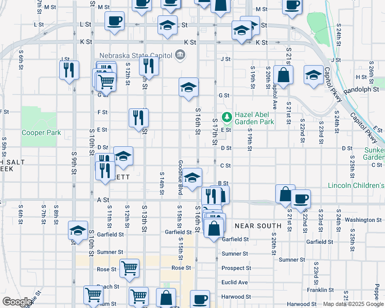 map of restaurants, bars, coffee shops, grocery stores, and more near 1518 C Street in Lincoln