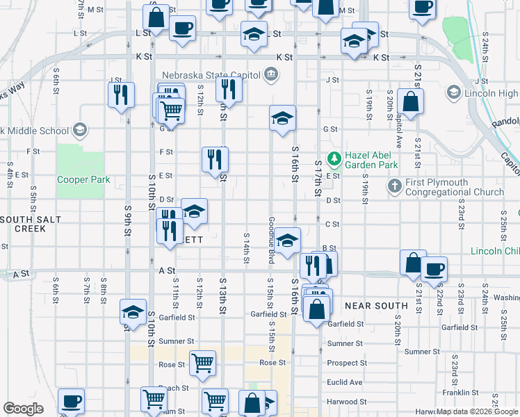 map of restaurants, bars, coffee shops, grocery stores, and more near 1428 C Street in Lincoln