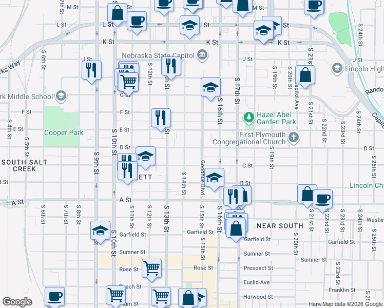 map of restaurants, bars, coffee shops, grocery stores, and more near 1428 C Street in Lincoln