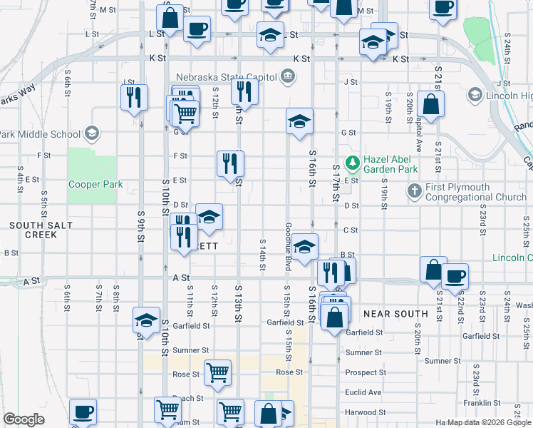 map of restaurants, bars, coffee shops, grocery stores, and more near 1428 C Street in Lincoln