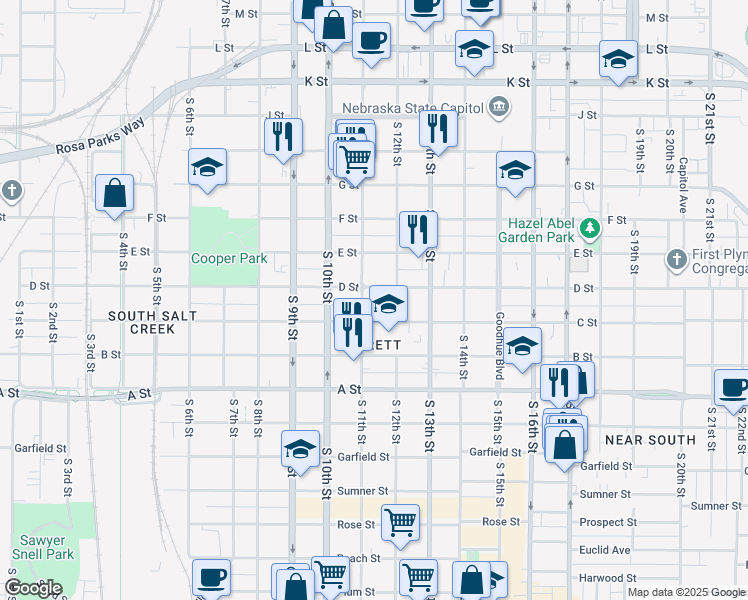 map of restaurants, bars, coffee shops, grocery stores, and more near 1112 C Street in Lincoln