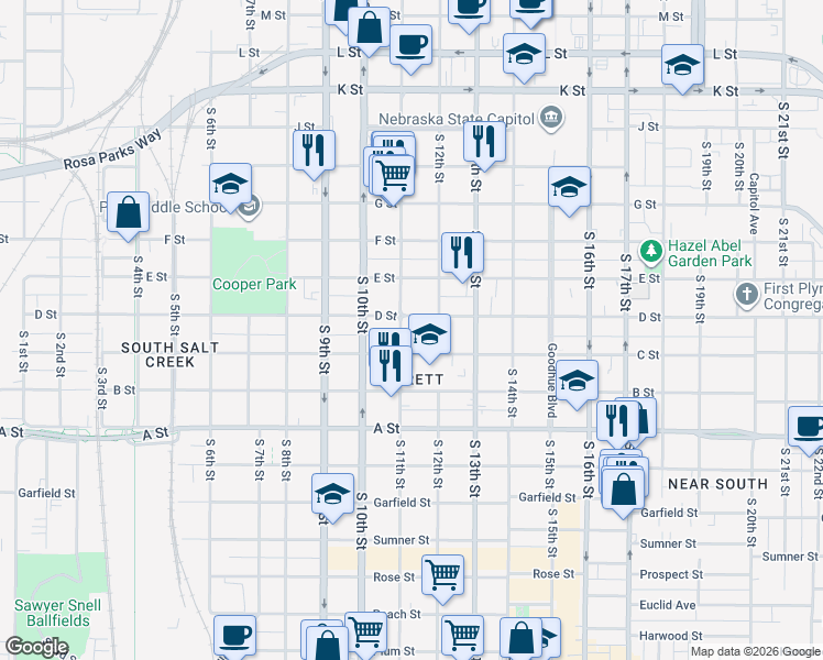 map of restaurants, bars, coffee shops, grocery stores, and more near 1112 C Street in Lincoln