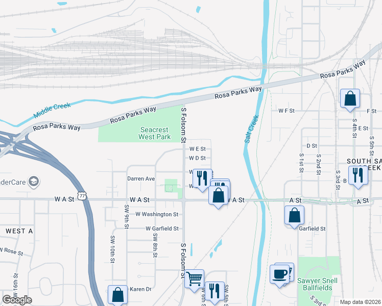 map of restaurants, bars, coffee shops, grocery stores, and more near 639 West D Street in Lincoln
