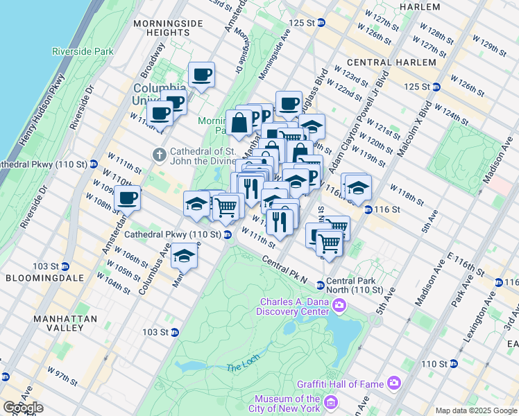map of restaurants, bars, coffee shops, grocery stores, and more near 280 West 113th Street in New York