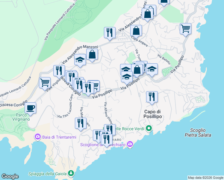 map of restaurants, bars, coffee shops, grocery stores, and more near 6 Via Santo Strato in Napoli
