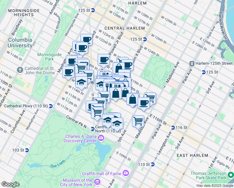 map of restaurants, bars, coffee shops, grocery stores, and more near 126 Malcolm X Boulevard in New York