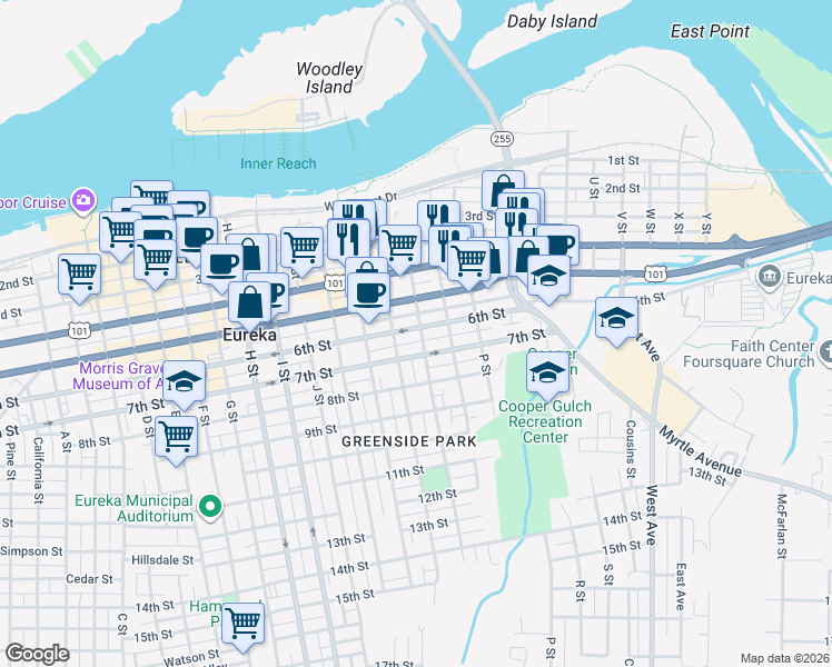 map of restaurants, bars, coffee shops, grocery stores, and more near 1236 6th Street in Eureka