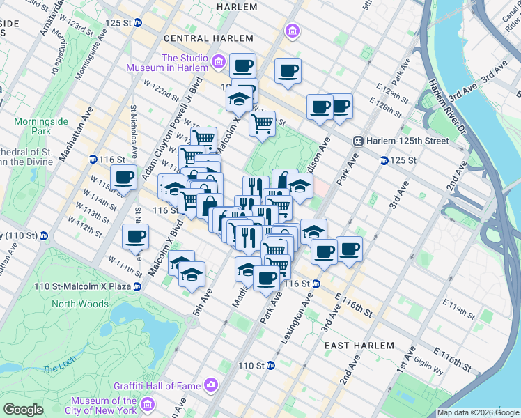 map of restaurants, bars, coffee shops, grocery stores, and more near 1465 5th Avenue in New York