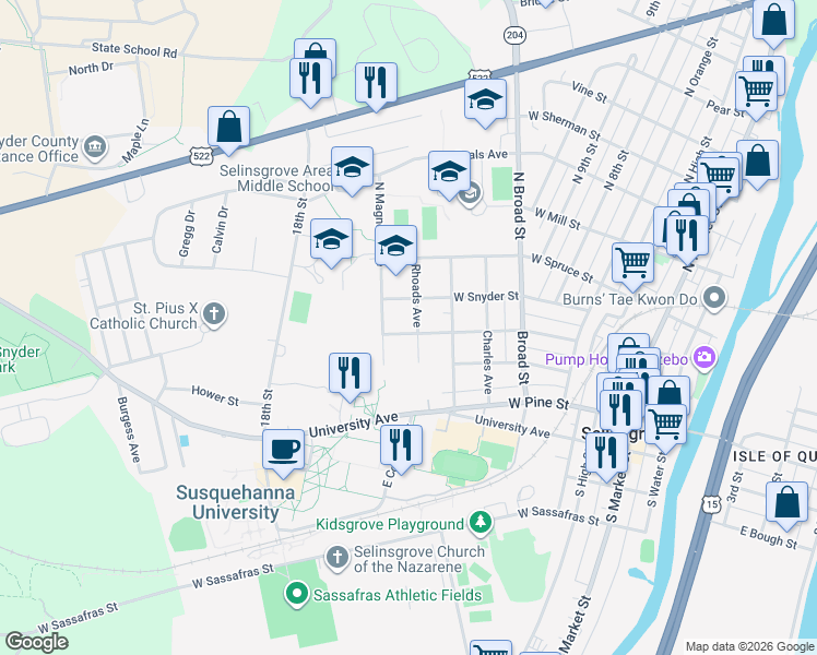 map of restaurants, bars, coffee shops, grocery stores, and more near 102 Rhoads Avenue in Selinsgrove