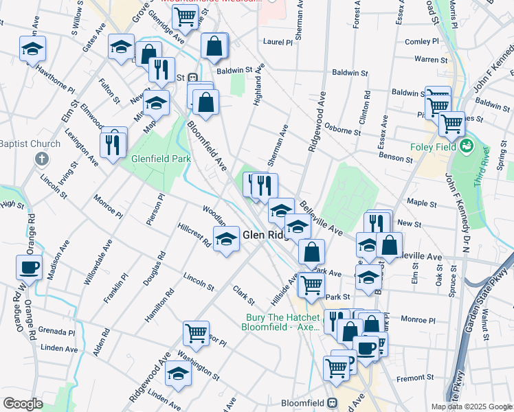 map of restaurants, bars, coffee shops, grocery stores, and more near 855 Bloomfield Avenue in Glen Ridge