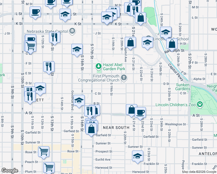 map of restaurants, bars, coffee shops, grocery stores, and more near 1824 C Street in Lincoln