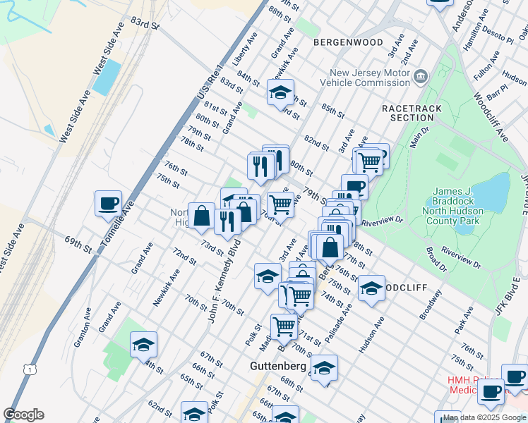 map of restaurants, bars, coffee shops, grocery stores, and more near 911 76th Street in North Bergen